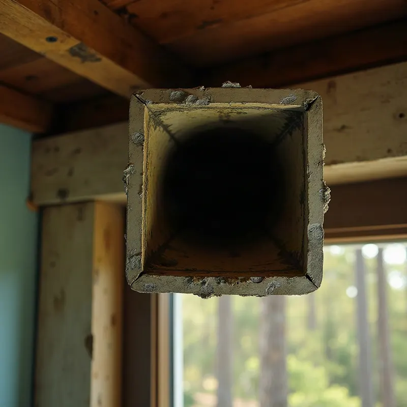 Open end of a metal air duct with dark residue inside, hanging under exposed joists, Shreveport AC duct mold job
