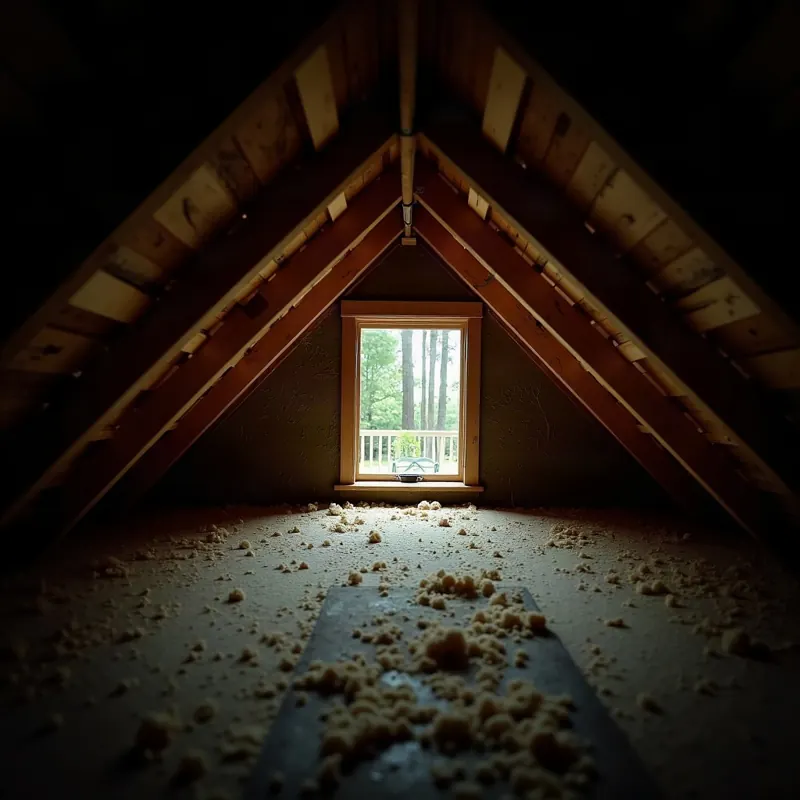Dark attic with exposed rafters and loose blown-in insulation under a gable window, before attic mold removal in Shreveport