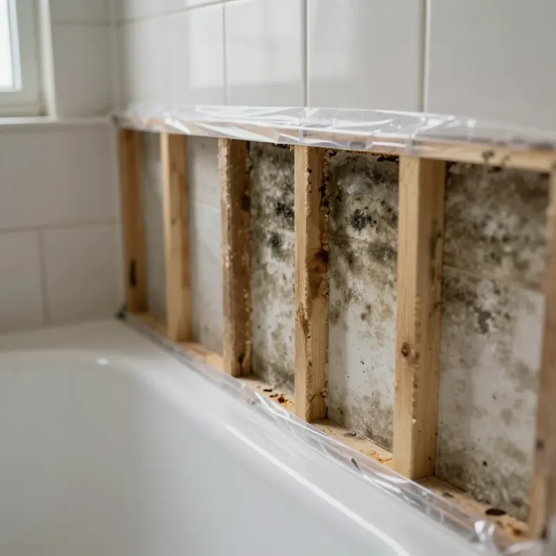 Bathroom wall opened beside a tub during mold removal, showing mold on the backing between wooden studs, Shreveport, LA