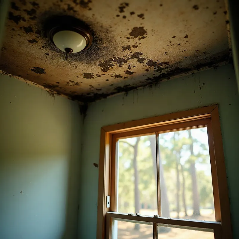 Dark black mold patches spreading across a ceiling around a light fixture above a window in a Shreveport home