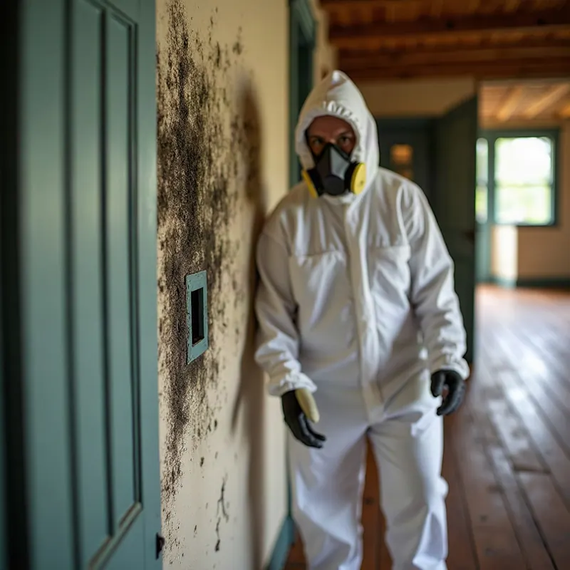 Remediation worker in a protective suit and respirator beside heavy mold on a wall, commercial job in Shreveport