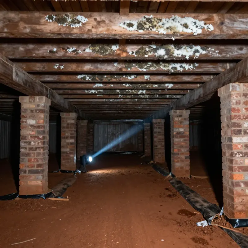 Crawl space under a raised house with mold on the floor joists, brick piers and torn plastic on red clay, Shreveport, LA