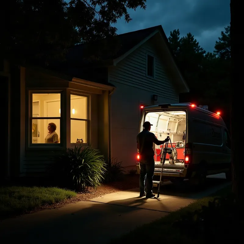Technician unloading drying equipment from a van outside a house at dusk while the homeowner waits inside, Shreveport