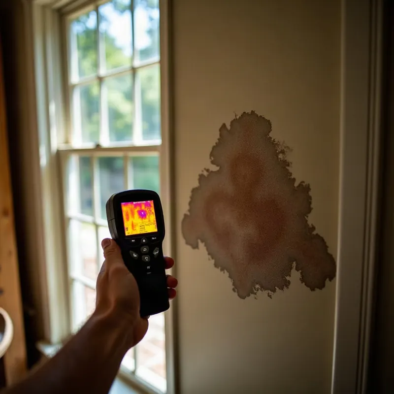 Thermal imaging camera aimed at a water stain on a wall beside a window during a mold inspection in Shreveport