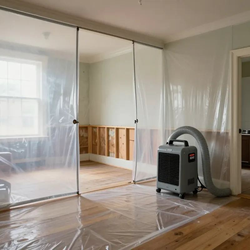 Room sealed off with plastic sheeting for mold remediation, wall opened to the studs and an air scrubber running, Shreveport, LA