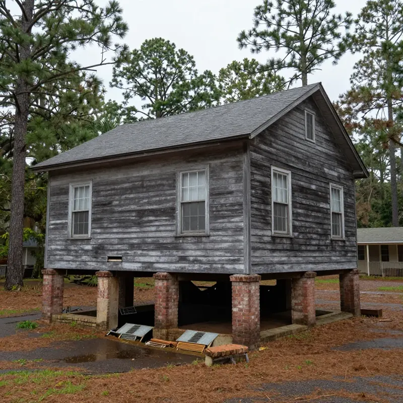 Older wood-sided house raised on brick piers with an open crawl space and puddles under tall pines, Benton, LA