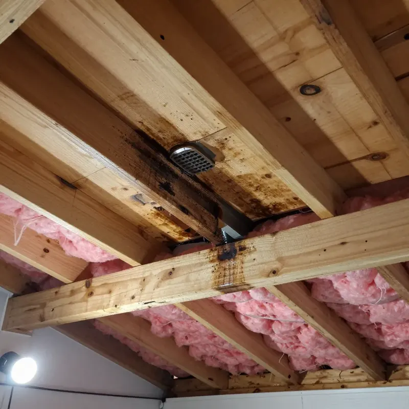 Attic roof deck and rafters with a dark water stain spreading from a vent after a storm leak, Blanchard, LA