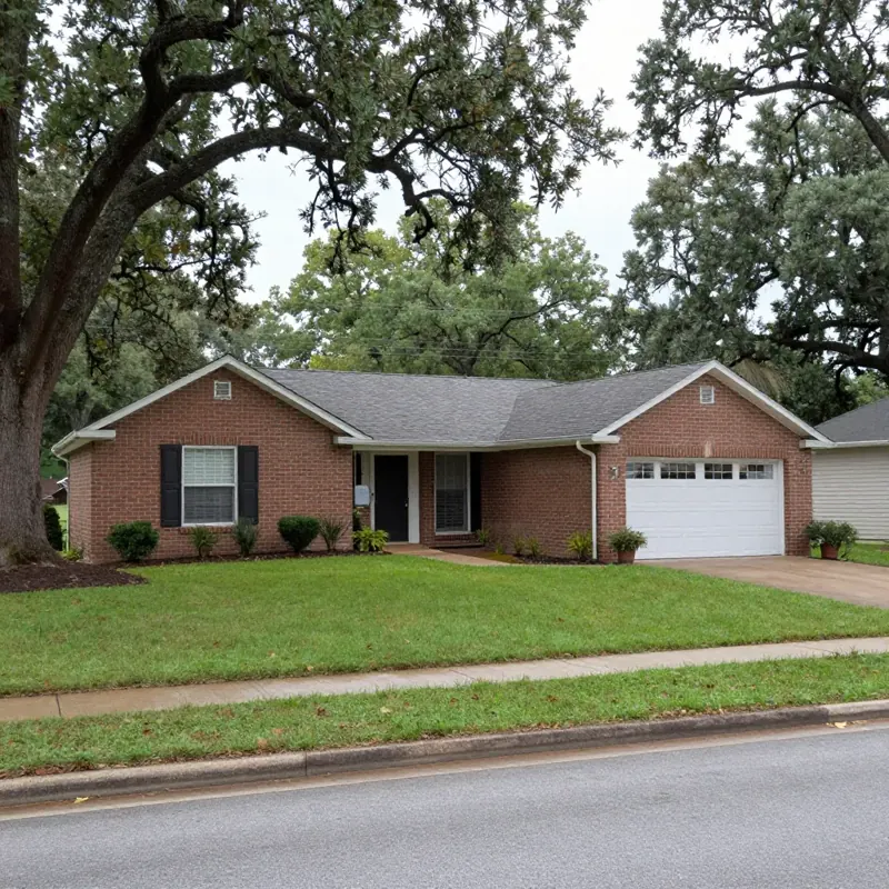Single-story brick house under live oak trees on a quiet street in the Bossier City area