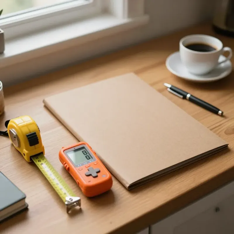 Moisture meter, tape measure and a closed folder on a kitchen table, ready for a mold removal estimate, Shreveport, LA
