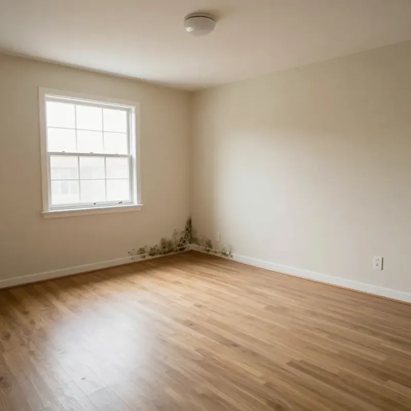 Empty rental bedroom with mold growing along the baseboard in the corner of an outside wall, Greenwood, LA