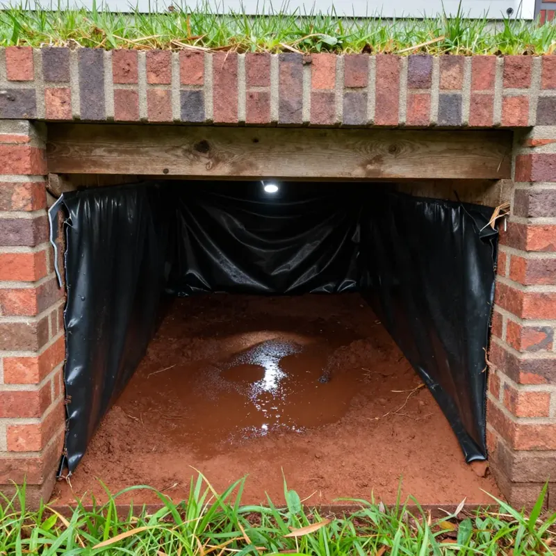 Low crawl space opening in a brick foundation with sagging black plastic and rainwater pooled on red clay, Keithville, LA