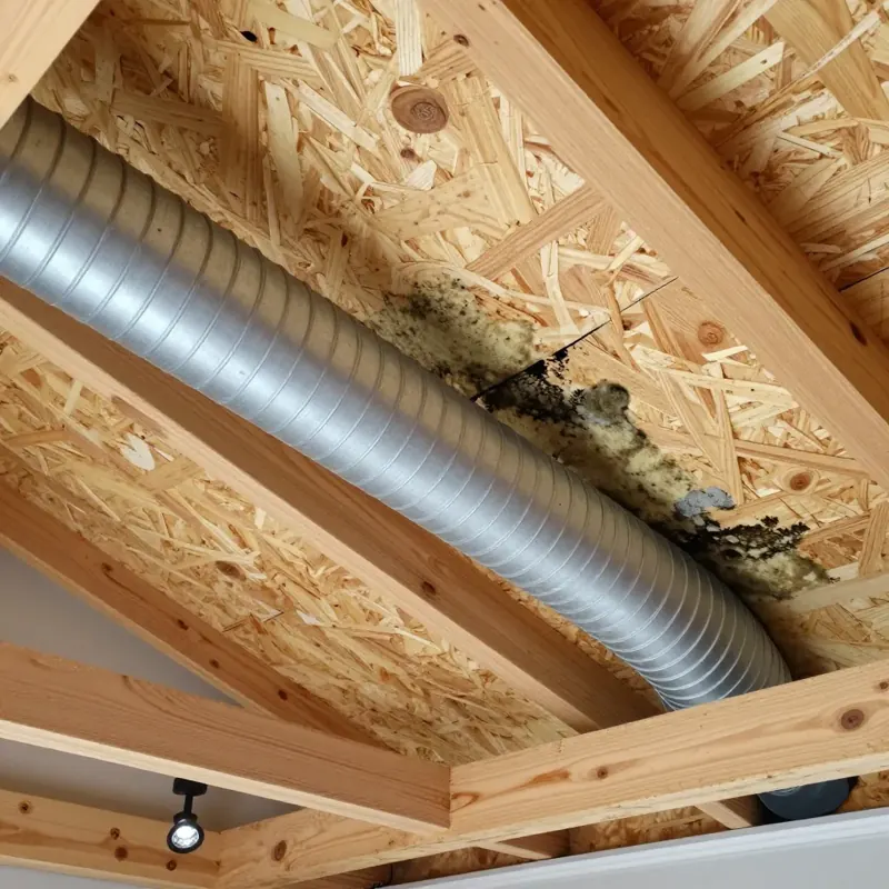Silver flex duct running across new roof sheathing in an attic, with dark mold spreading on the wood beside it, Stonewall, LA