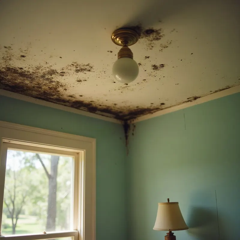 Dark mold spreading across a bedroom ceiling from the corner and around the light fixture in a Shreveport home