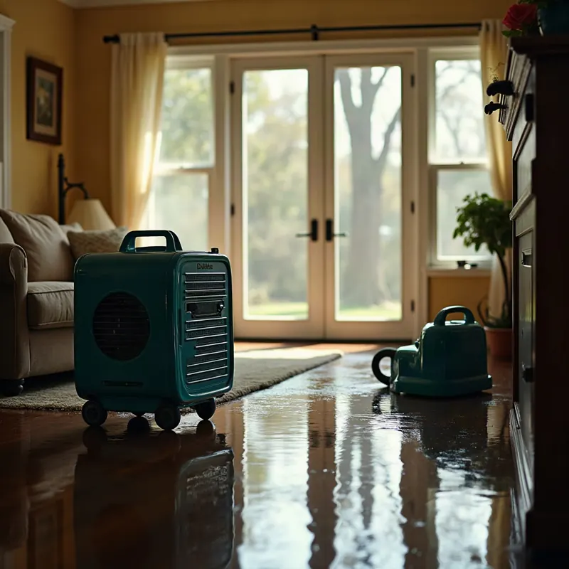 Dehumidifier and drying equipment on a wet hardwood floor in a living room during water damage restoration in Shreveport